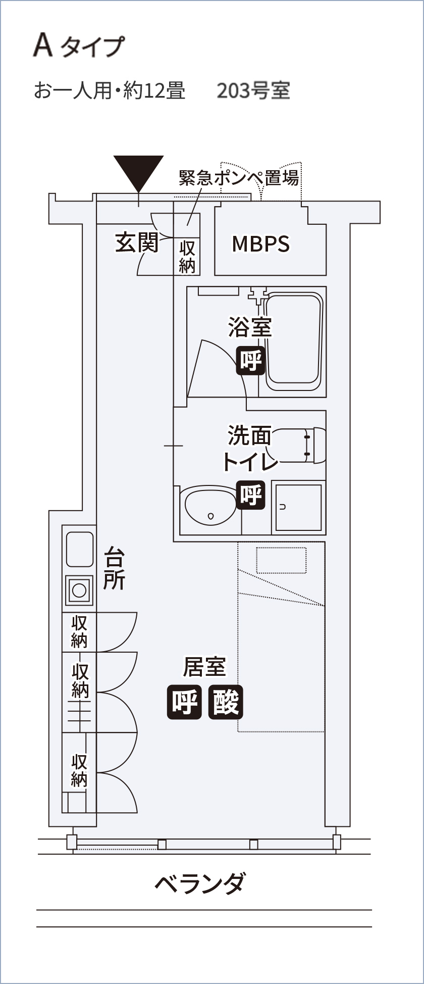 Aタイプ お一人用・約12畳 203号室
